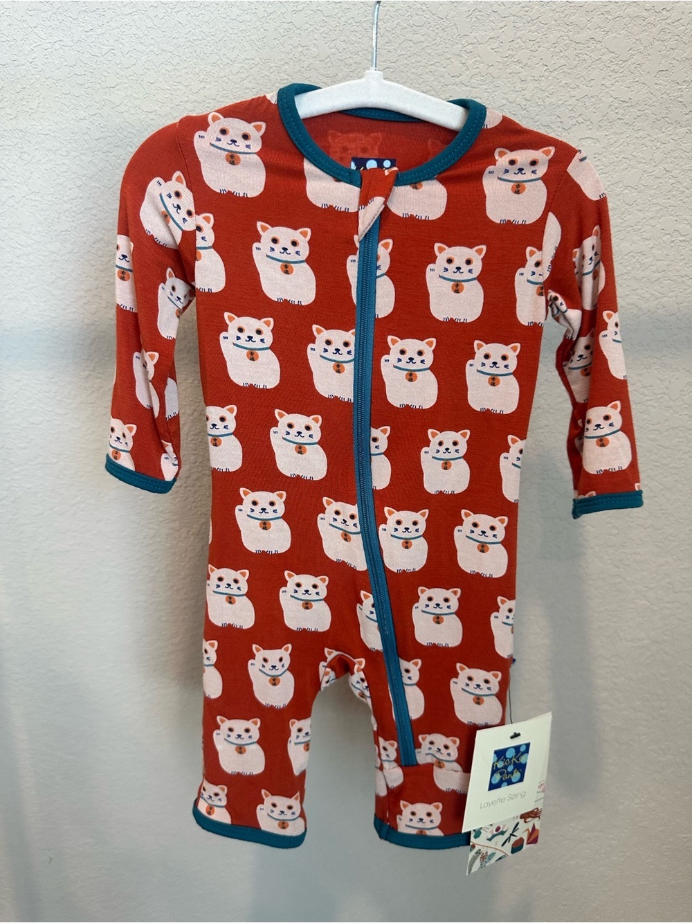 Kickee Pants NWT viscose from bamboo Red Cat Print One-Piece with Teal Trim